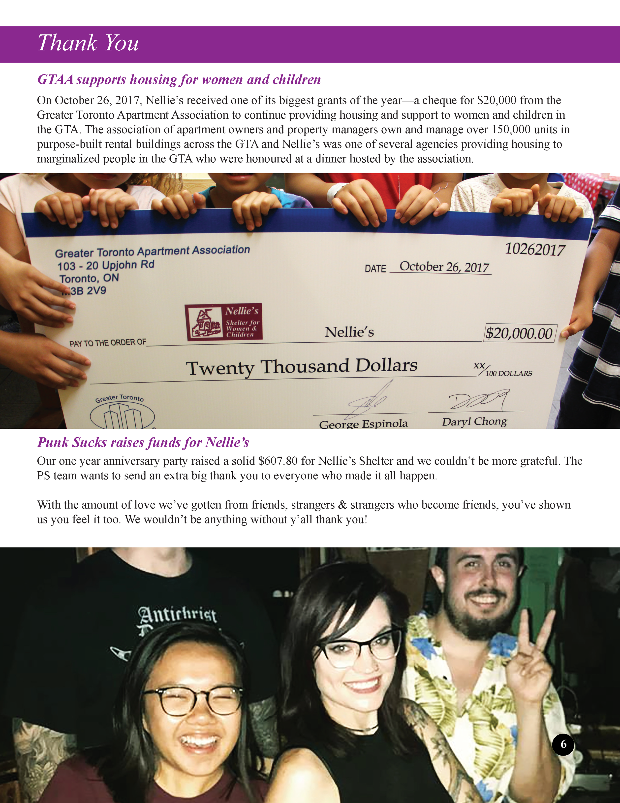A group of children holding a large check for $20,000 from the Greater Toronto Apartment Association, with a section dedicating funds to Nellie's Shelter for Women and Children. The check is dated October 26, 2017, and signed by George Espinola and D