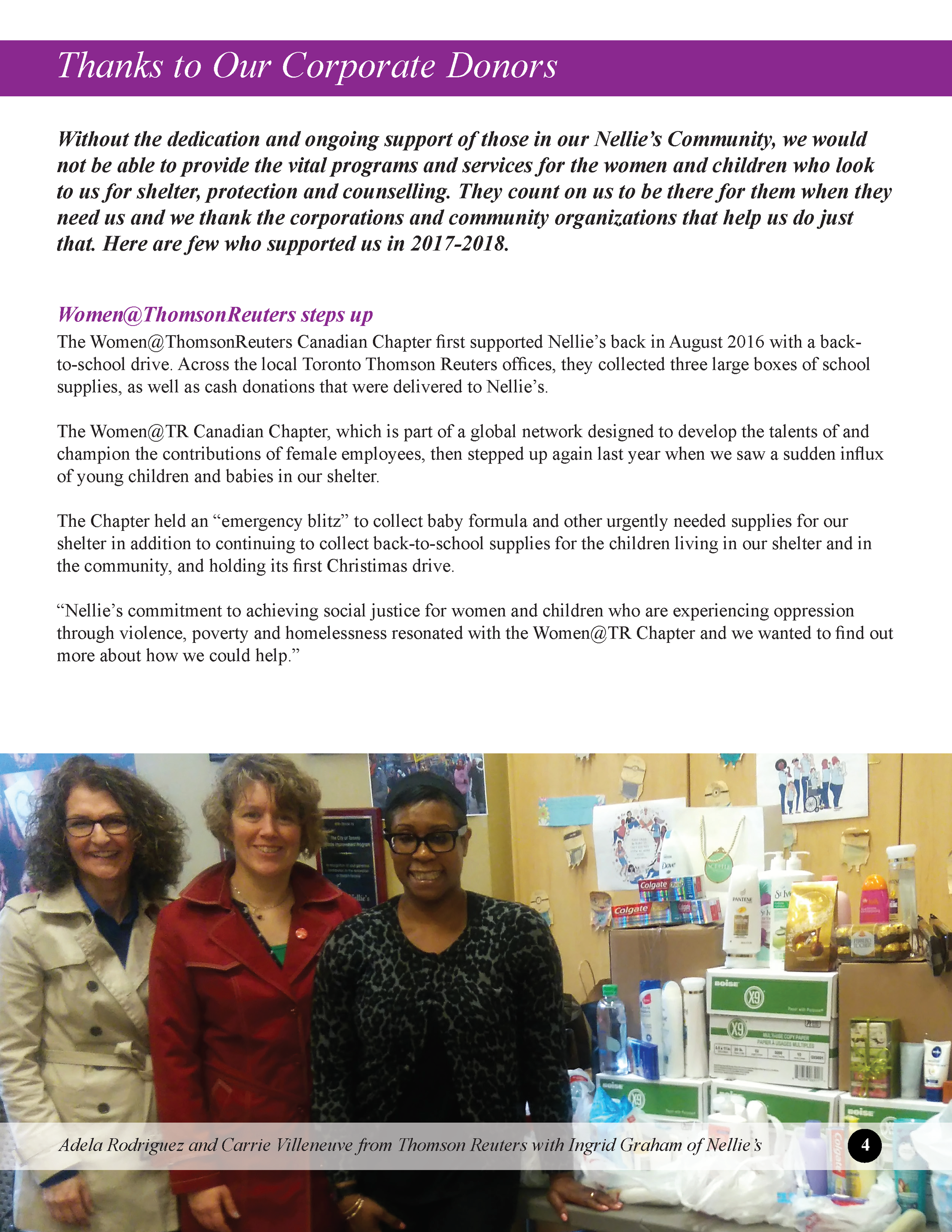 Photograph of three women standing in front of shelves filled with supplies, smiling at the camera. The caption indicates they are Adela Rodriguez and Carrie Villenueve from Thomson Reuters with Ingrid Graham of Nellie’s.