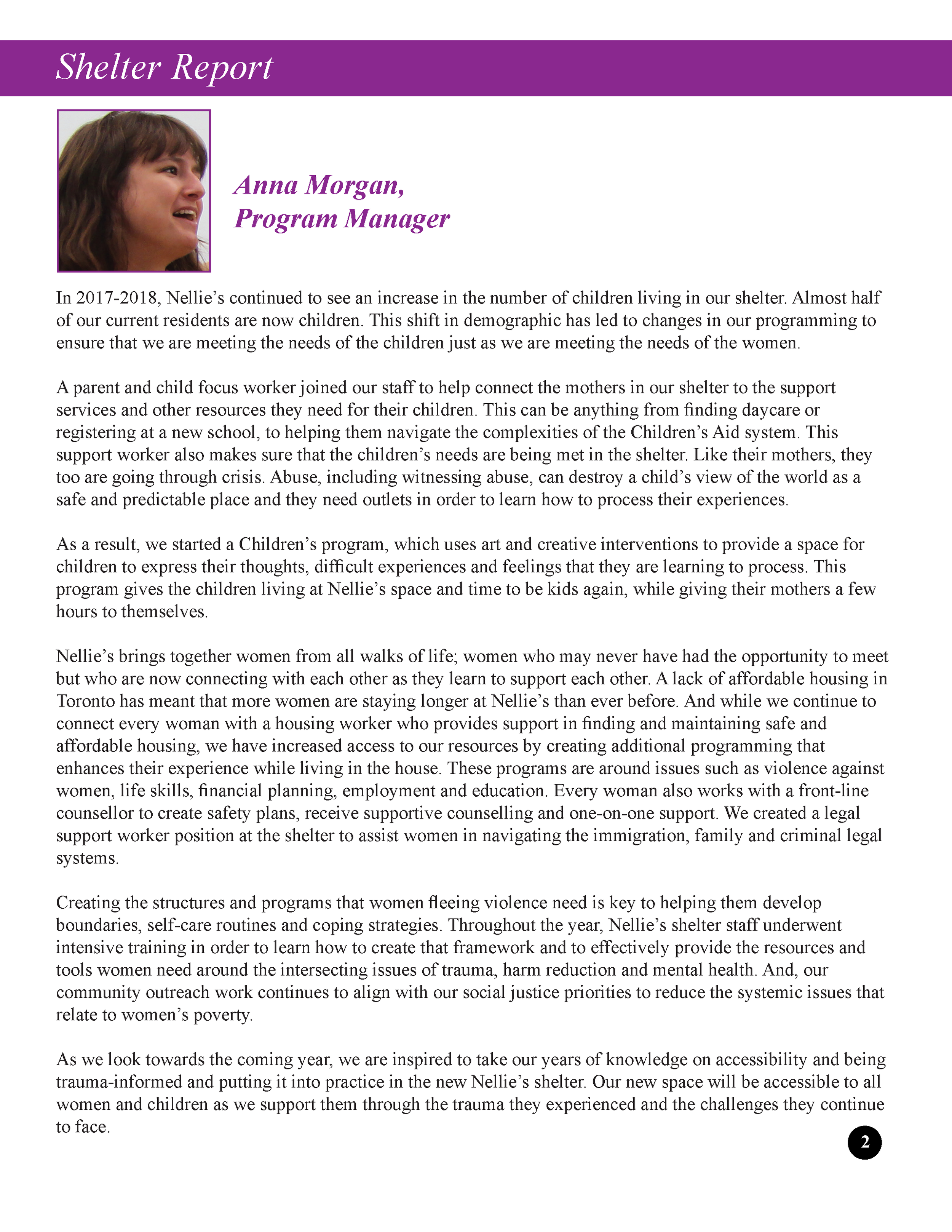 Shelter Report document with a title, a photograph of a woman, and multiple paragraphs of text discussing programs for women and children in a shelter.