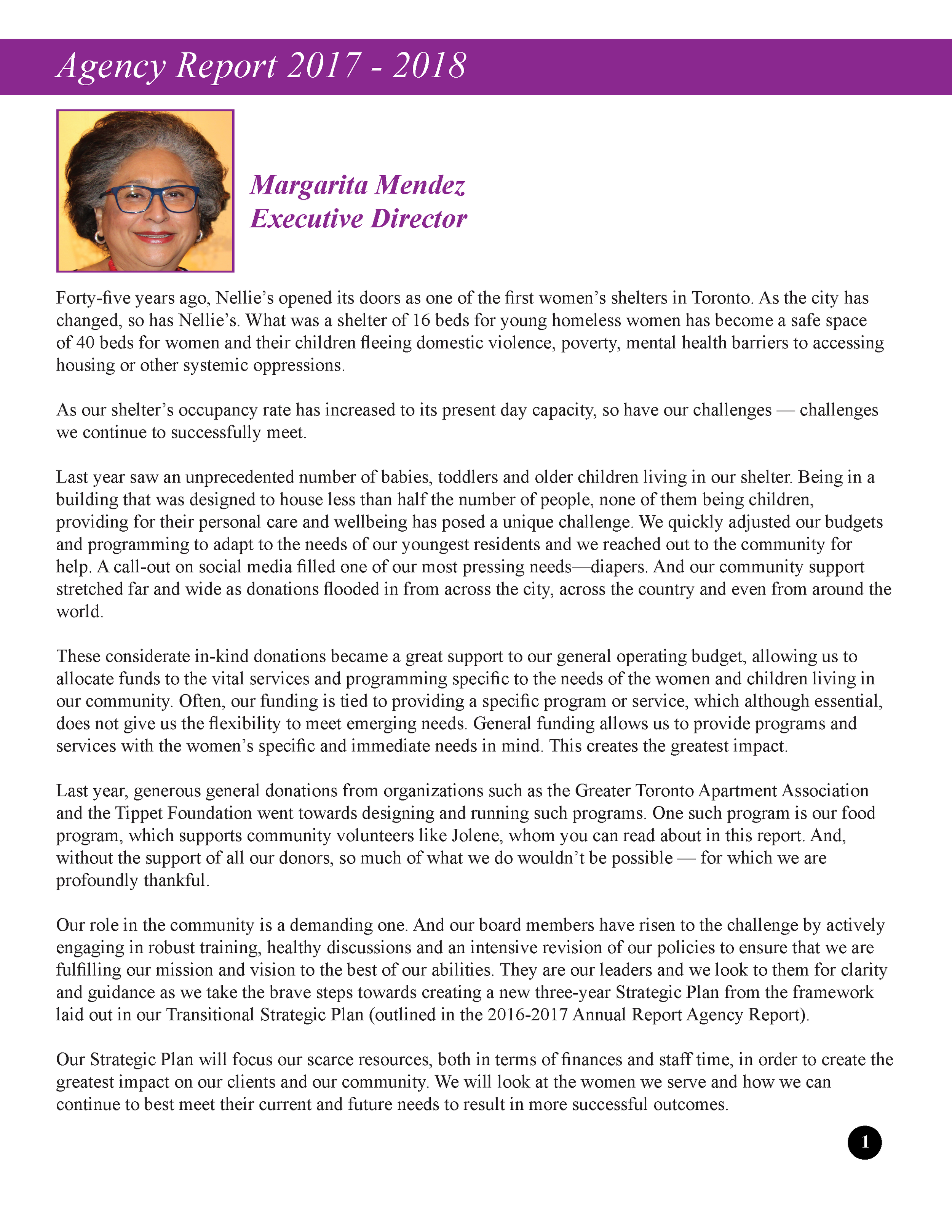 Page from an agency report titled "Agency Report 2017-2018." It features a photo of Margarita Mendez, the executive director, in the top left corner. The report discusses the history, challenges, and community efforts related to Nellie's shelter in T