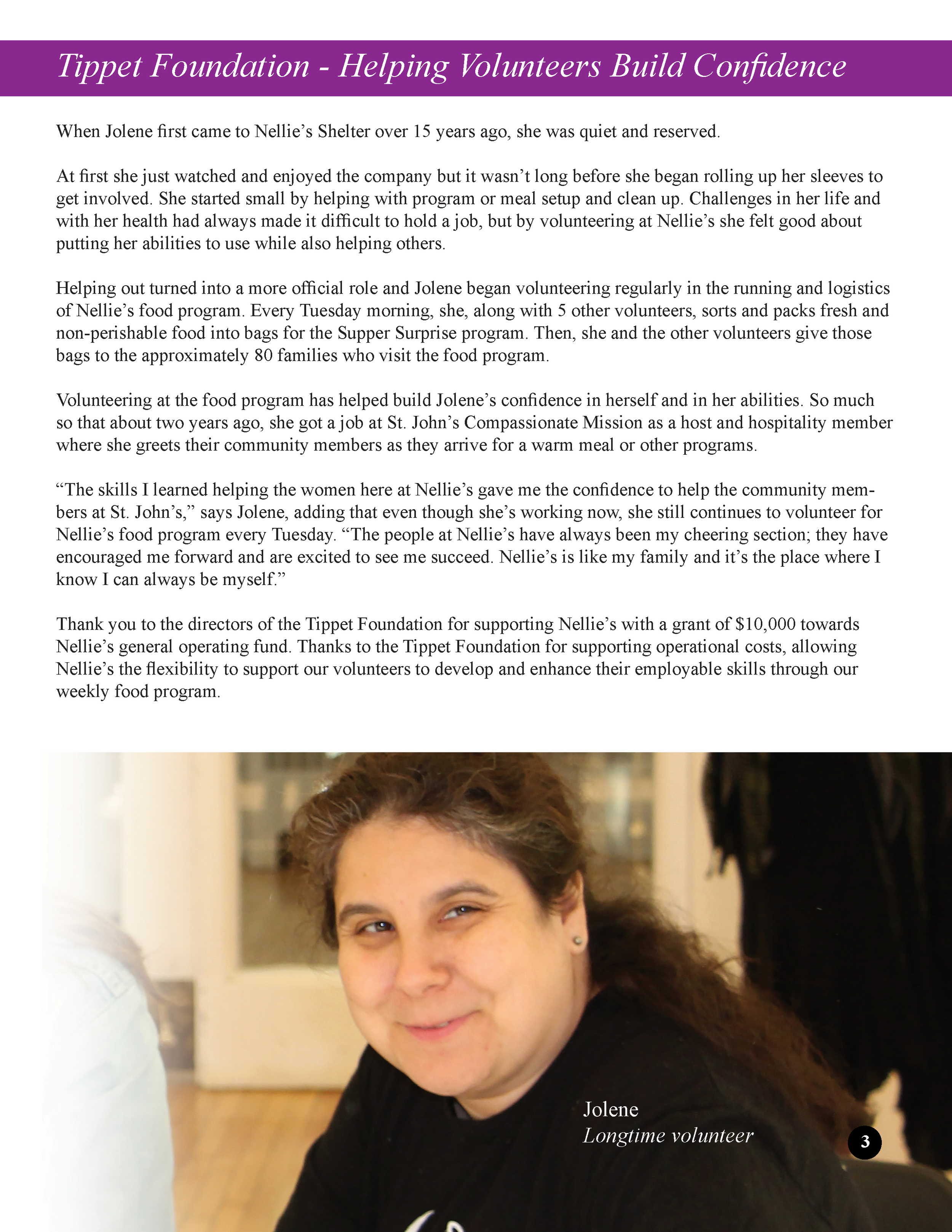 Close-up photo of a woman with brown hair and a black shirt, smiling at the camera. Text overlay identifies her as Jolene, a longtime volunteer.