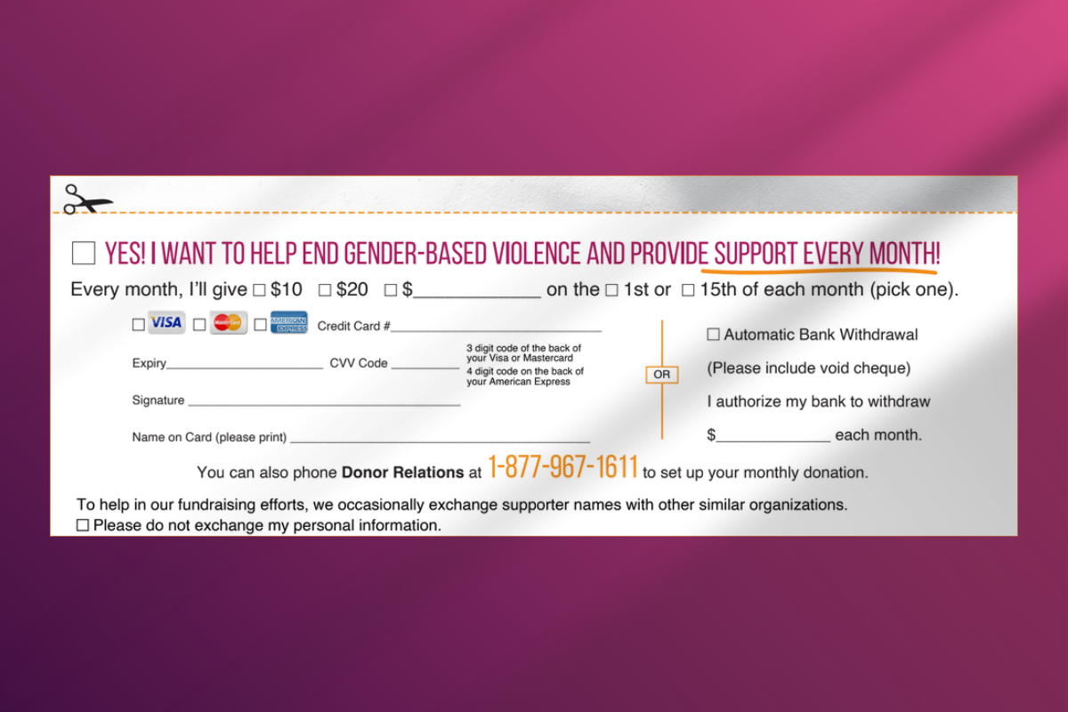 An example of a direct mail reply card against a purple background