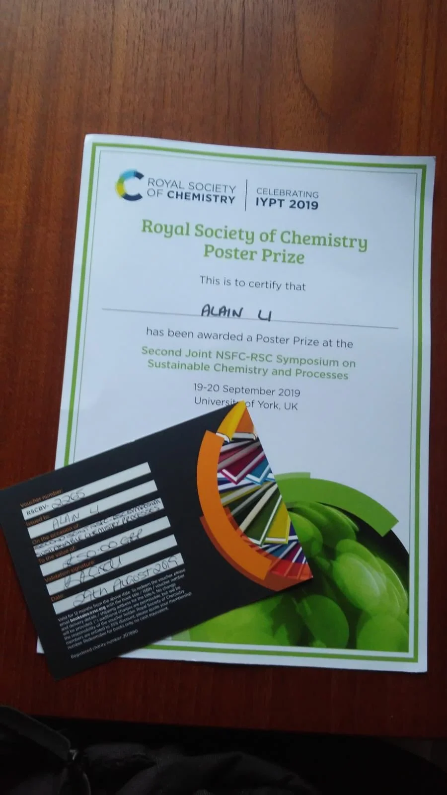 Alain Li wins Poster Prize in Second Joint NSFC-RSC Symposium on Sustainable Chemistry and Processes, 2019