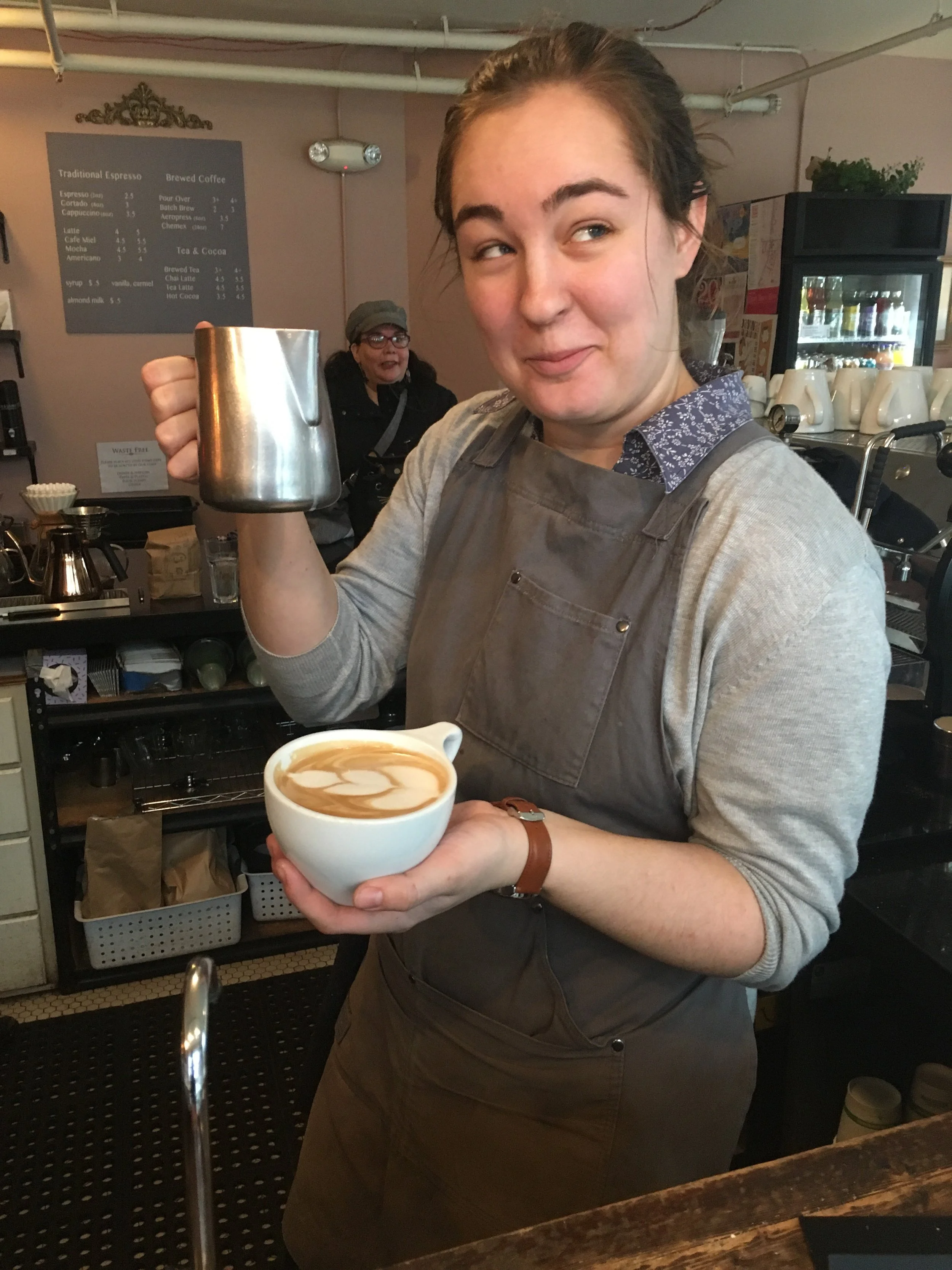 Pouring a Latte (I’m still in training on espresso!!) and I was proud of this one ;) pic snapped by Dayna