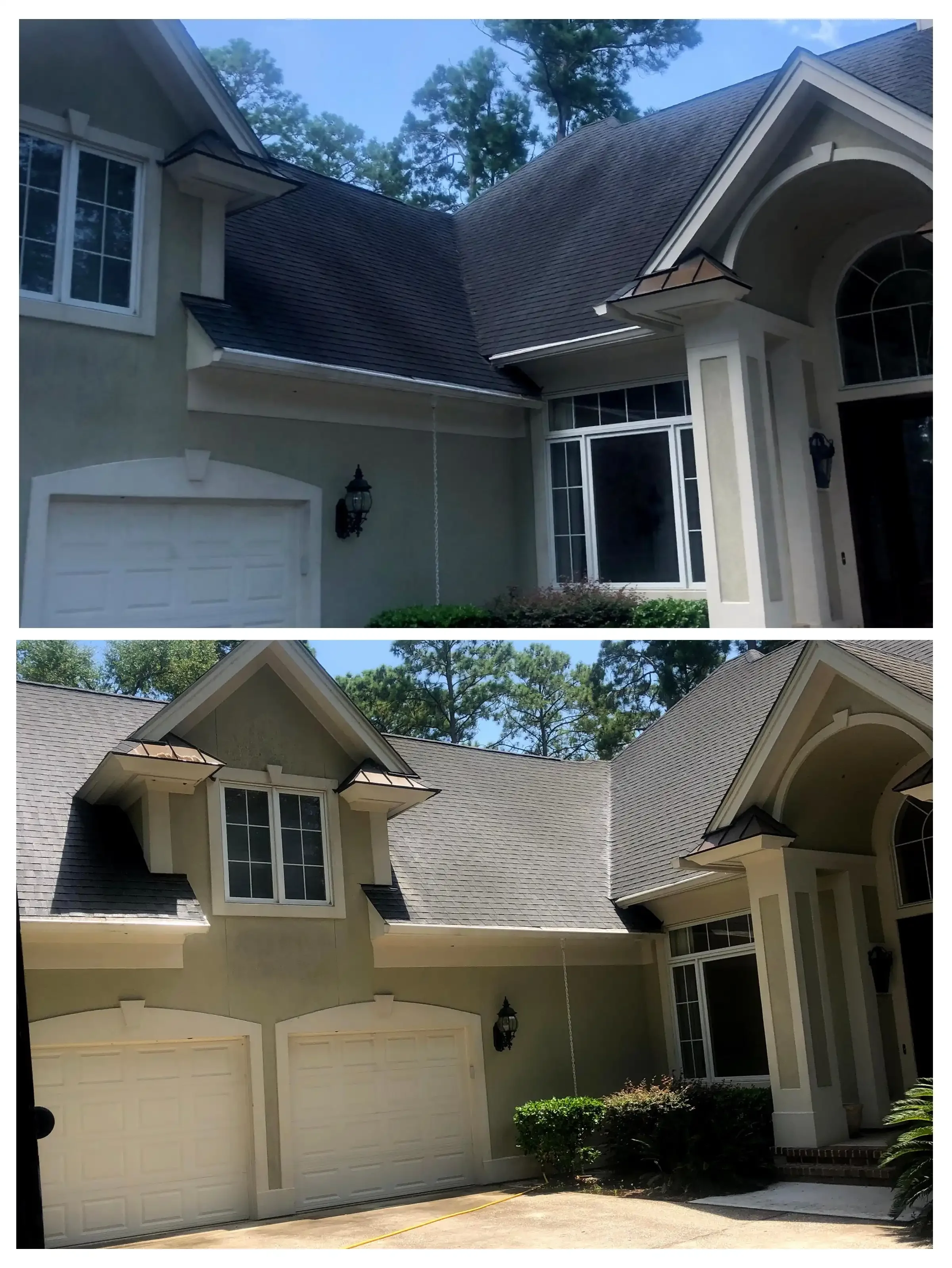 Before & After roof cleaning of asphalt shingled roof