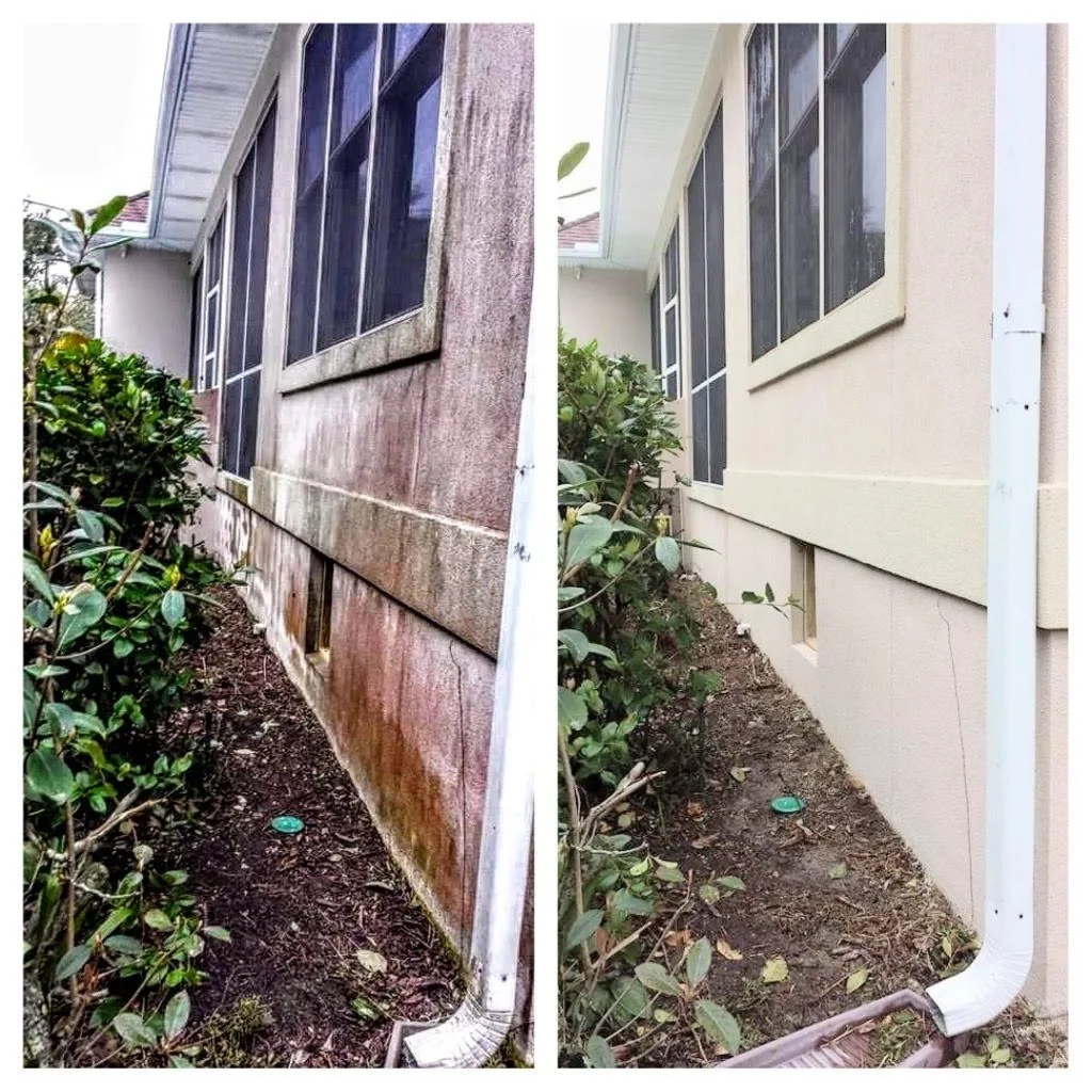 Comparison of the exterior house wall before and after cleaning. The left shows a dirty, stained wall, and the right shows a clean, freshly painted wall. Both images feature a window, plants, and a white gutter downspout.