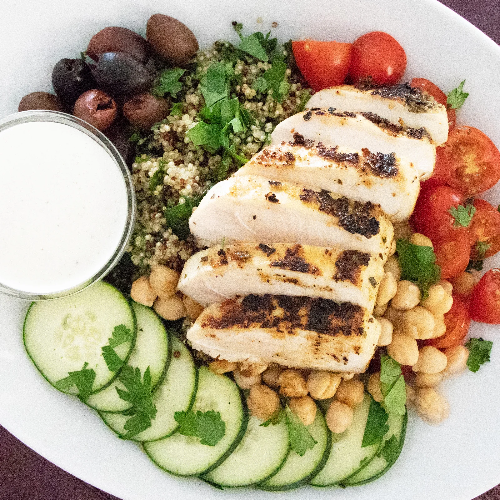 Greek Chicken Bowls With Chickpeas, Kale and Feta Sauce