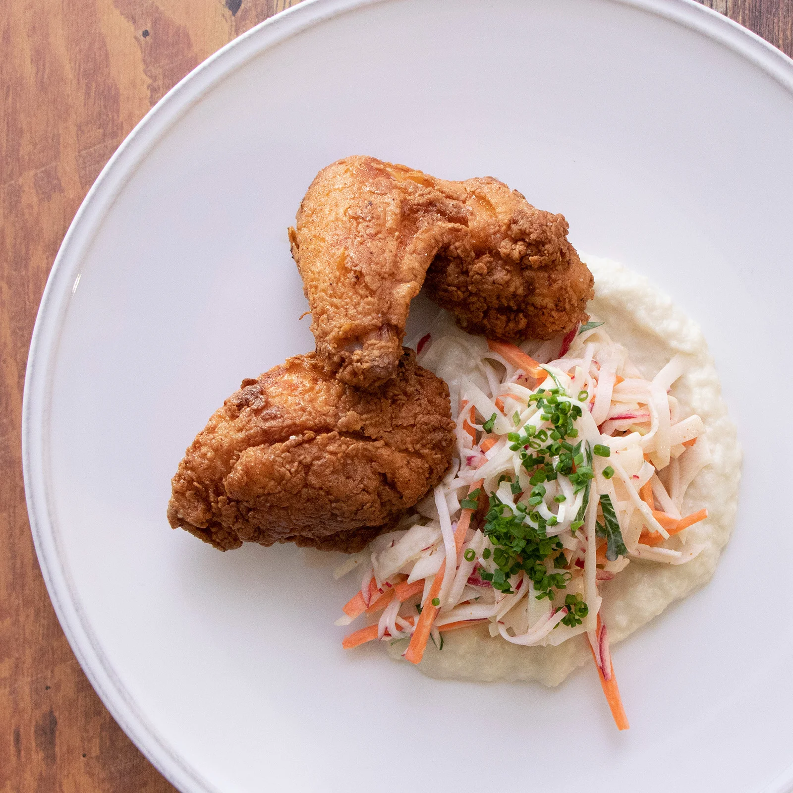 Honey Buttermilk Fried Chicken With Kohlrabi Slaw &amp; Mashed Cauliflower