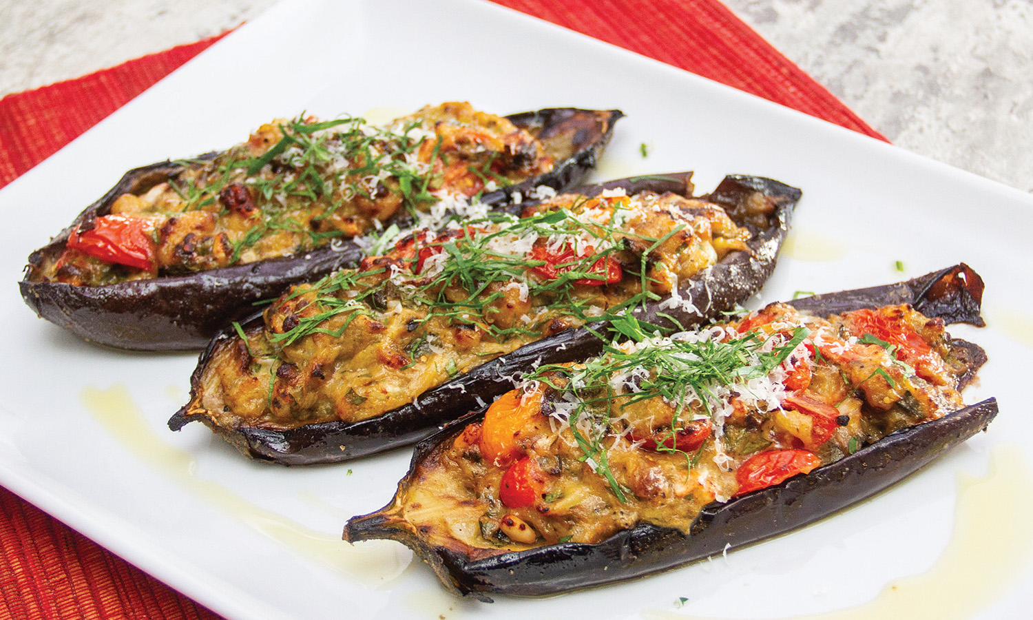 Chicken, Tomato and Herb-Stuffed Eggplant