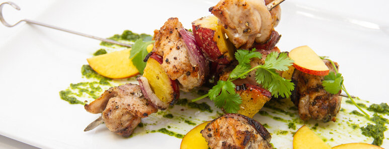 Grilled Chicken and Fresh Peach Kabobs With Herb Chutney