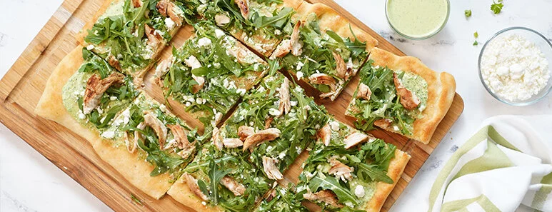 Green Goddess Flatbread Pizza with Shredded Skillet Chicken