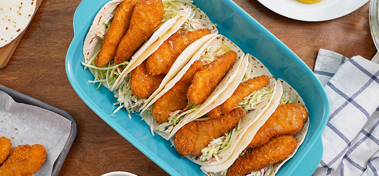 Chicken Tender Tacos with Honey Mustard and Broccoli Slaw