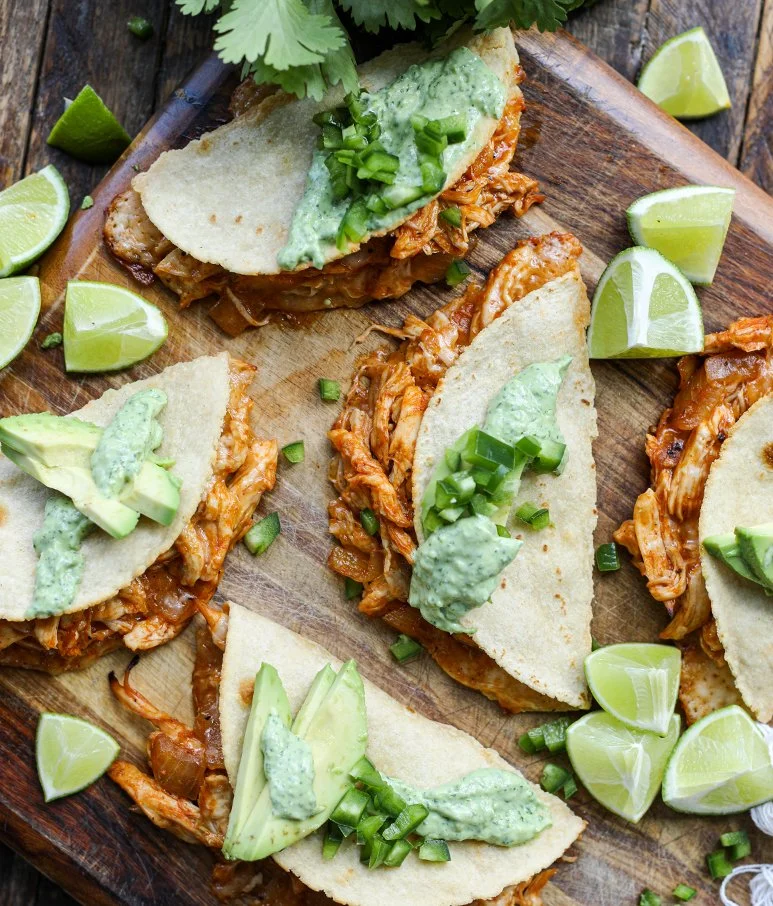 Crispy Chicken Tacos with Avocado Lime Crema