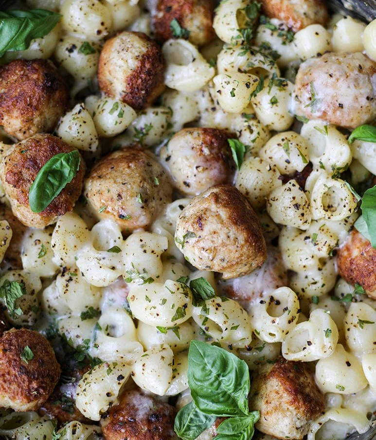 Creamy Baked Pesto Pasta with Chicken Meatballs