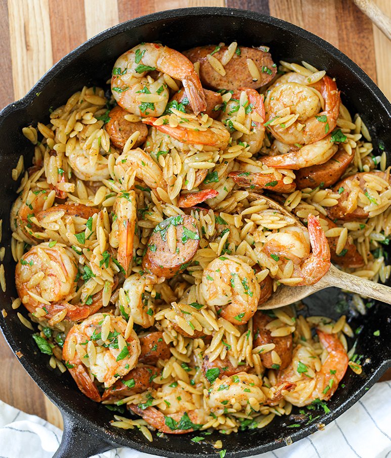 Andouille Chicken Sausage Shrimp and Orzo Pasta