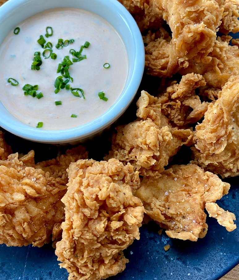 Fried Chicken Tender Bites with Buffalo Ranch Dipping Sauce