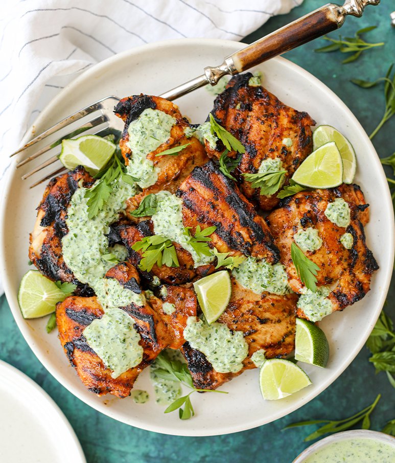 Peruvian Inspired Grilled Chicken Thighs with Green Goddess Dressing