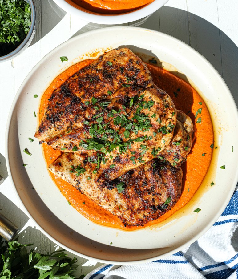 Grilled Blackened Chicken with Romesco Sauce