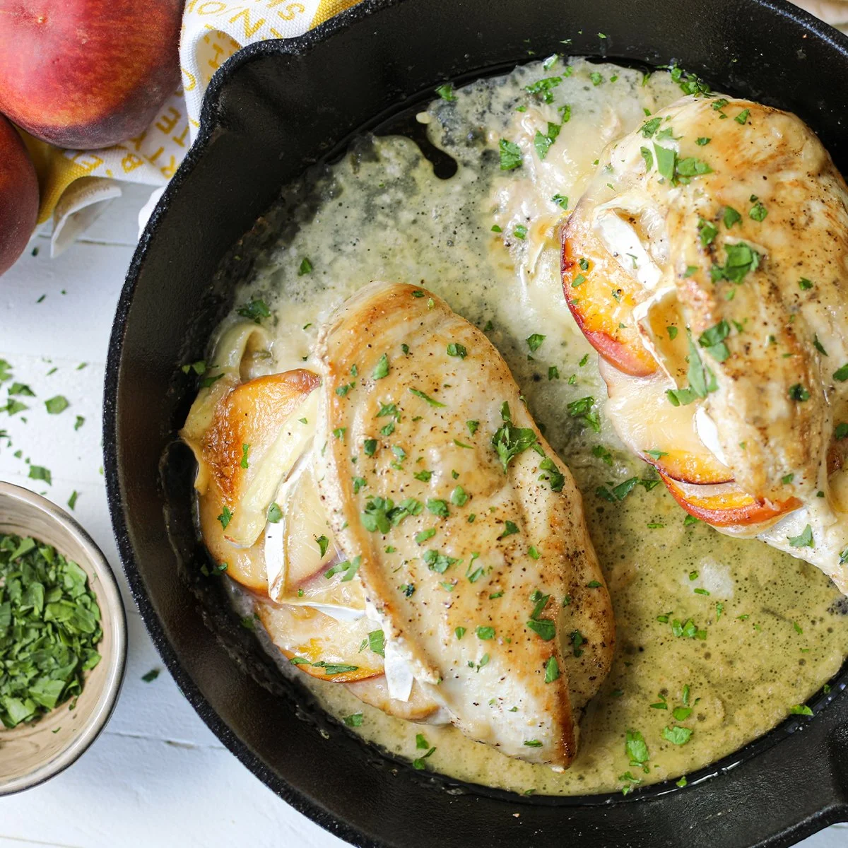Pan Roasted Peach, Brie and Jalapeno Stuffed Chicken