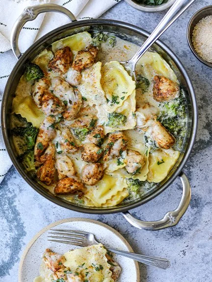 One Pan Blackened Chicken Alfredo Pasta Bake