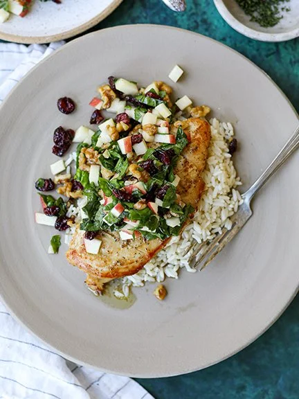 Pan Roasted Maple Dijon Chicken with Apple Cranberry Walnut Salad