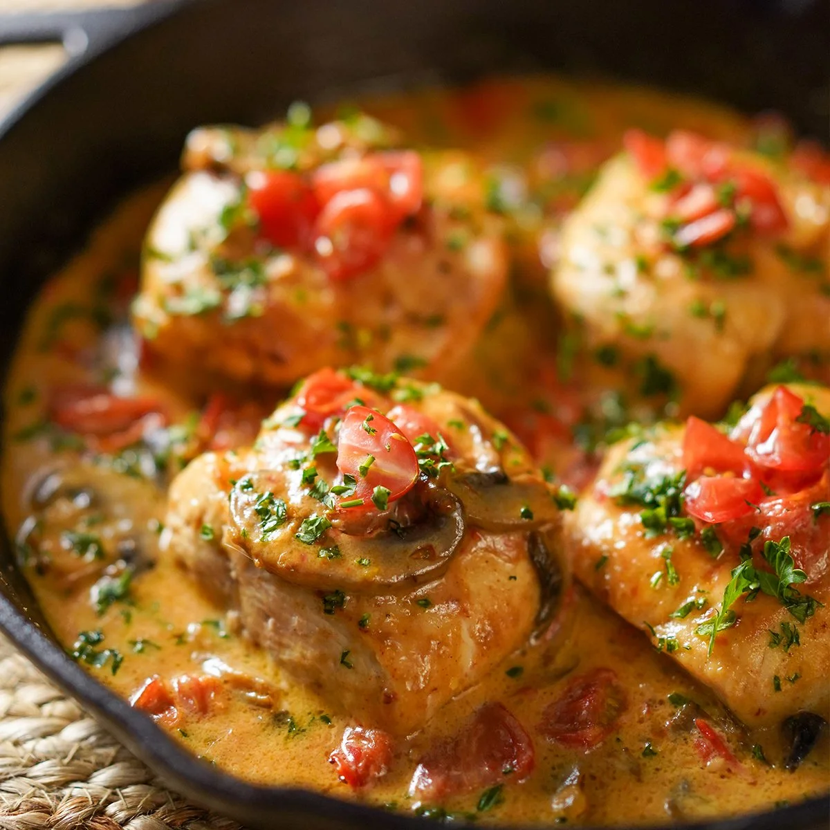 Skillet Chicken with Tomatoes and Mushrooms in a White Wine Sauce