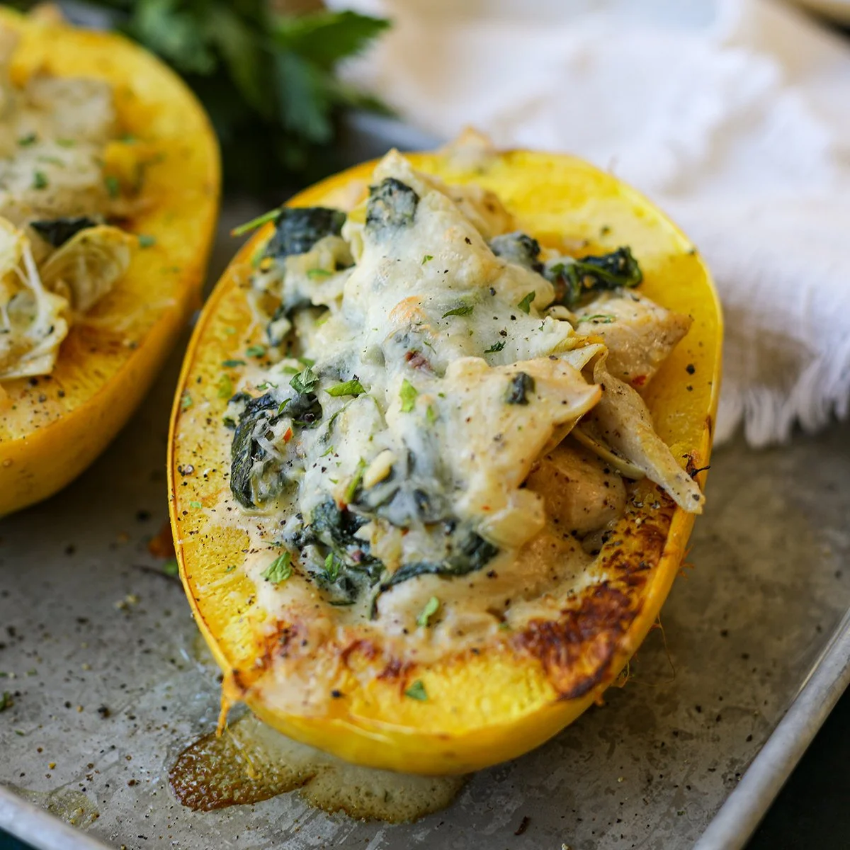 Creamy Chicken Spinach Artichoke Stuffed Spaghetti Squash