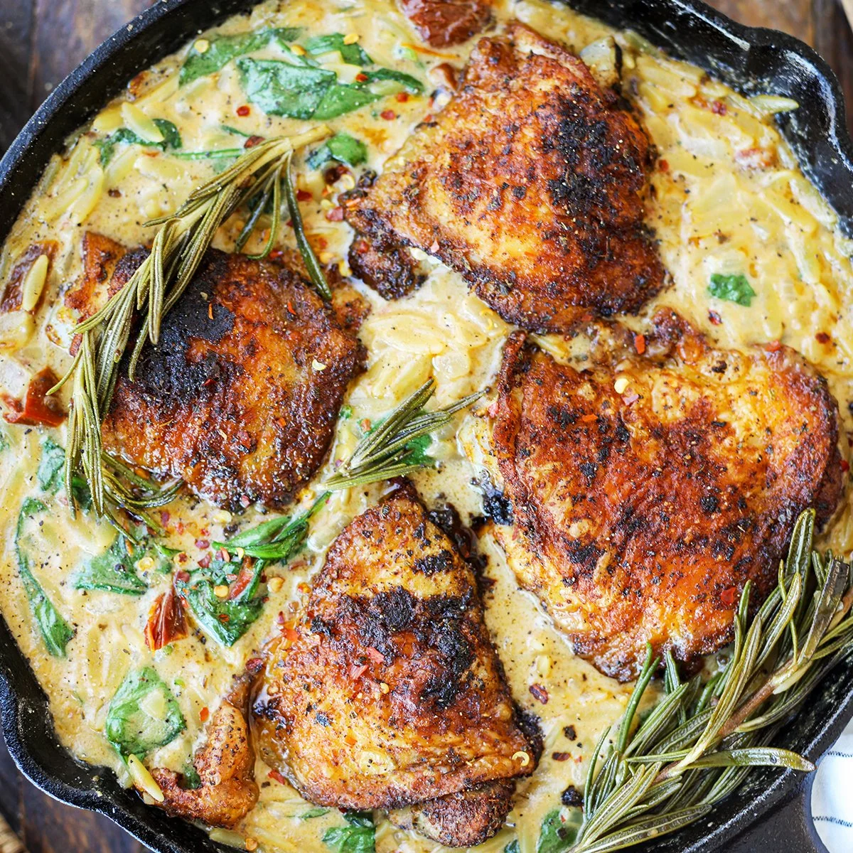 Tuscan Chicken Thighs with Creamy Orzo Pasta