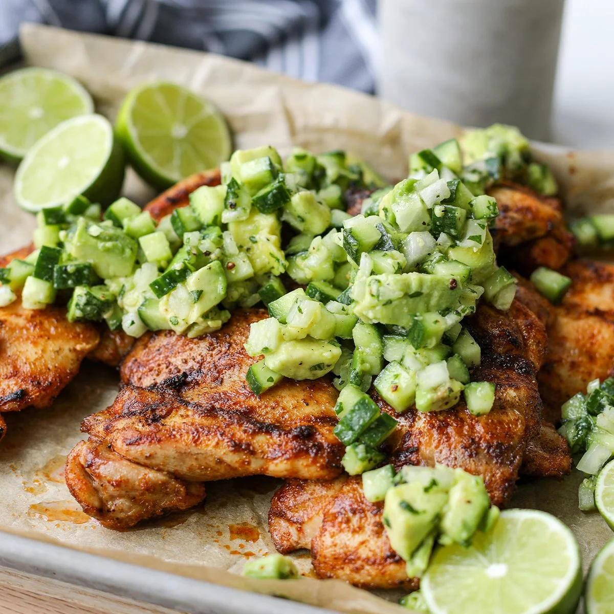 Blackened Grilled Chicken Thighs with Avocado Cucumber Salad
