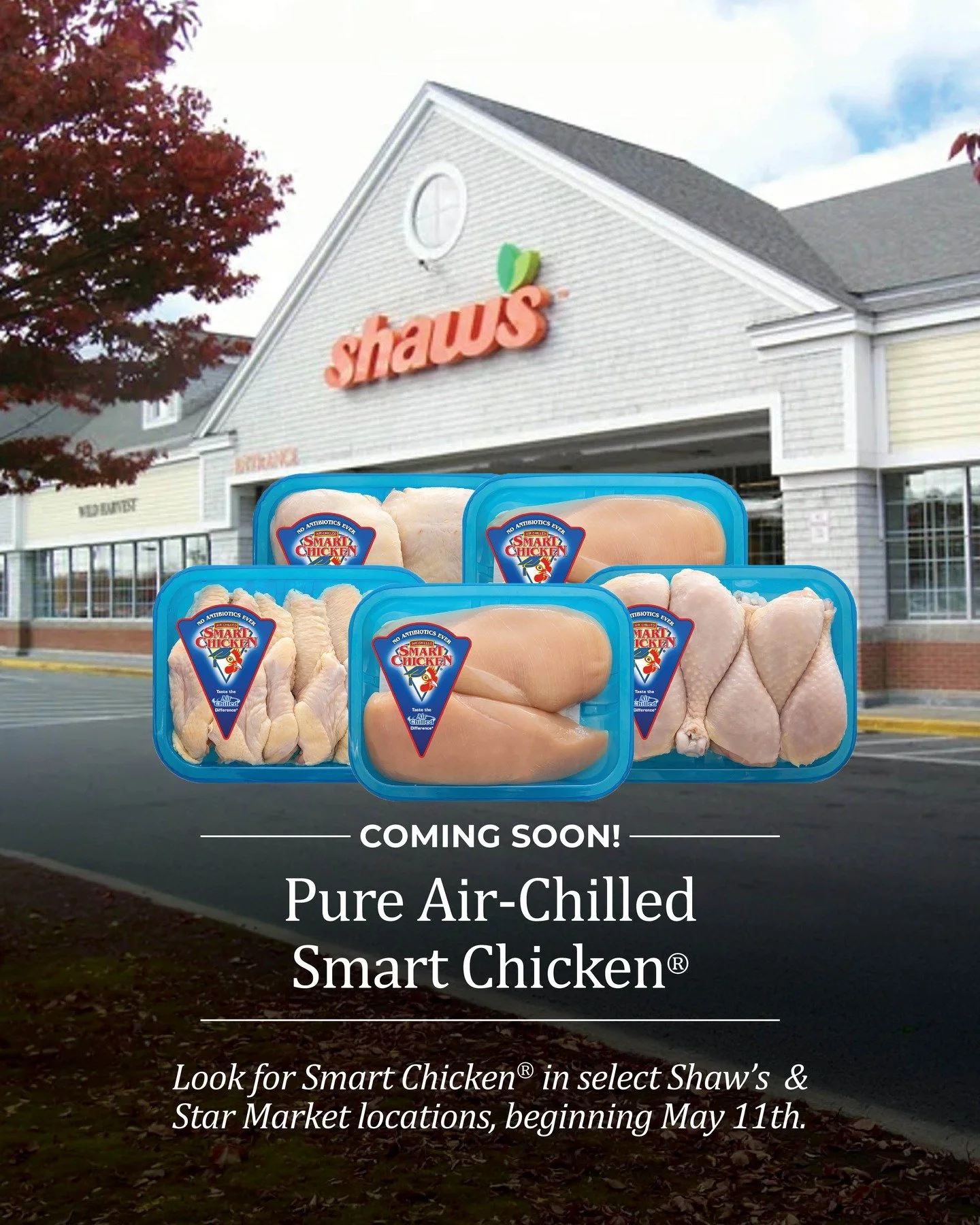 Exciting News! Smart Chicken is coming to @shawssupermarket! Starting May 11, look for a variety of Smart Chicken cuts in the meat department at select New England stores.

Why choose Smart Chicken?
&bull; Pure air-chilled for better taste and tender
