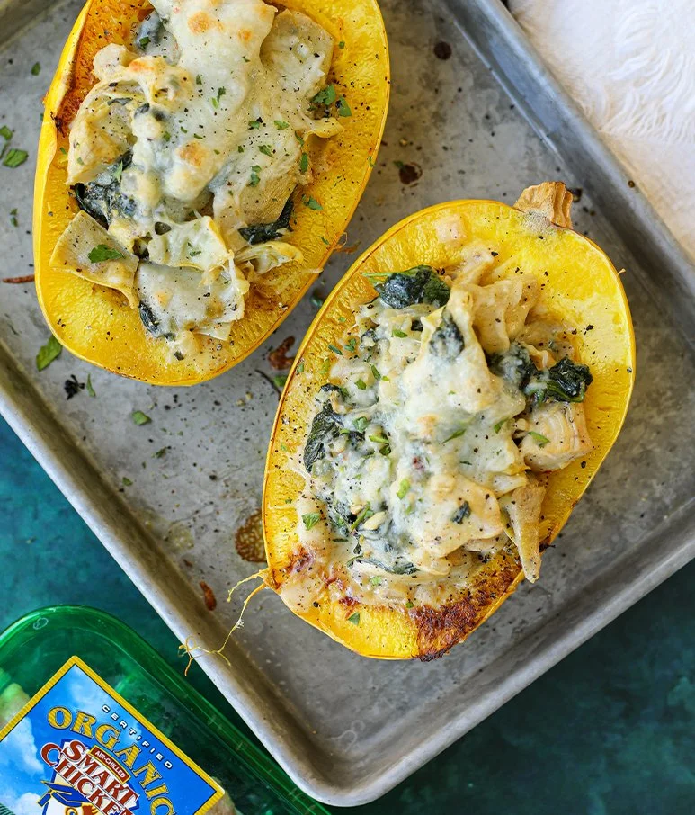 Creamy Chicken Spinach Artichoke Stuffed Spaghetti Squash — SMART CHICKEN