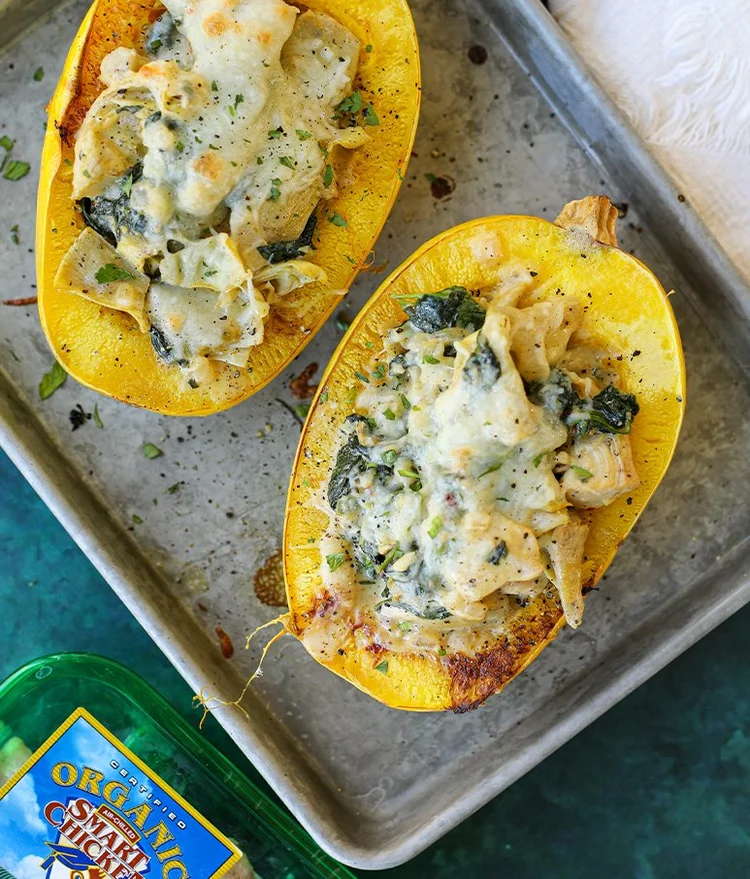 Creamy Chicken Spinach Artichoke Stuffed Spaghetti Squash — SMART CHICKEN