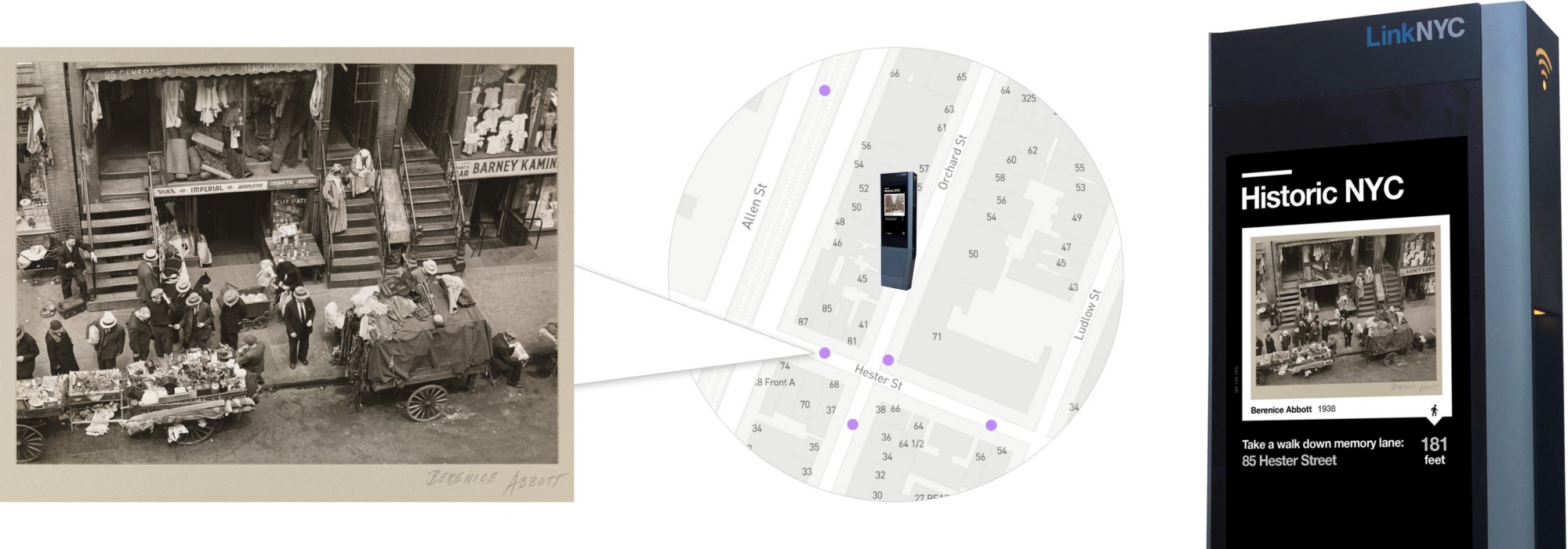Using this collection data, we are able to map historical images (like this picture of 85 Hester Street sourced from Museum of the City of New York) and then send them to nearby LinkNYC kiosks in proximity to the location of capture.