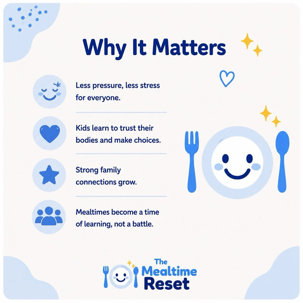 Imagine if dinner felt...
✨ Peaceful instead of stressful.
✨ Curious instead of resistant.
✨ Connected instead of combative.

That&rsquo;s exactly why I teach parents to remove pressure and build confidence around food.

The goal isn&rsquo;t a clean 