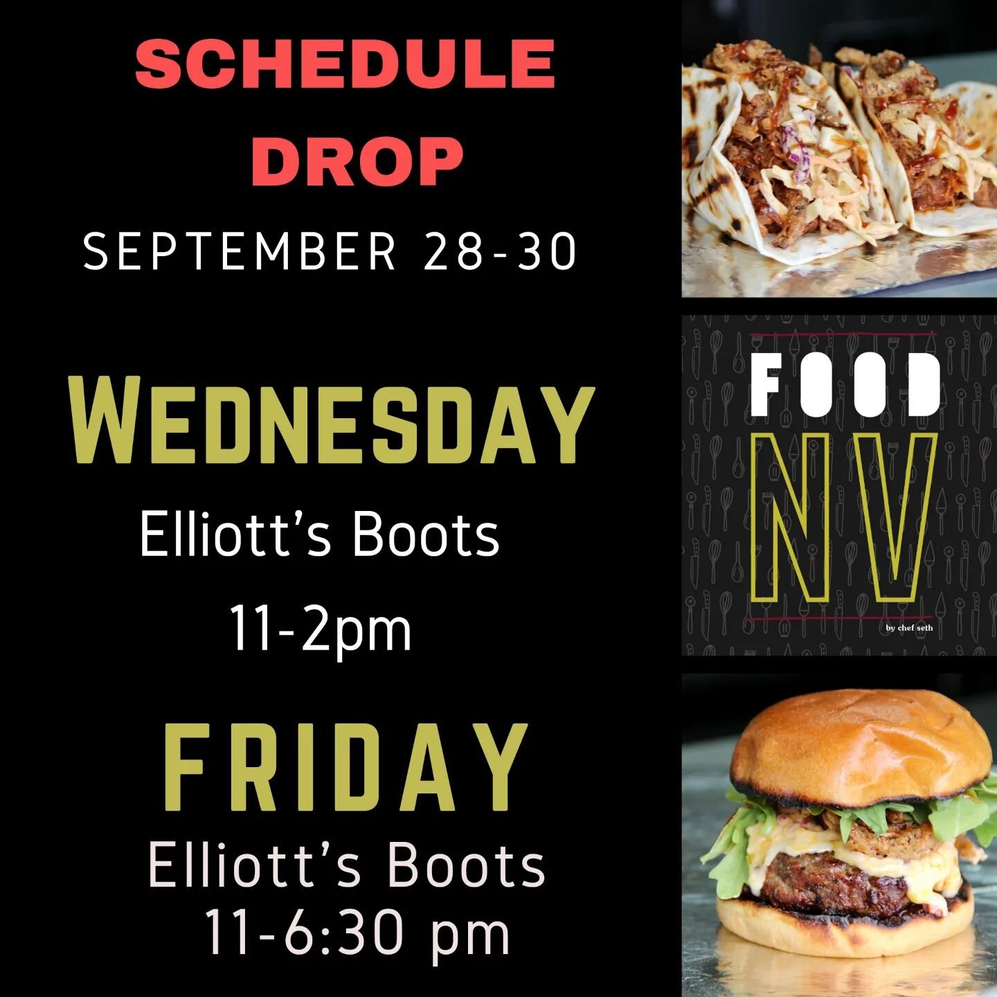 🚨SCHEDULE DROP🚨
 September 28-30
🔔🔔 COME AND GET IT!!!!
We've got the🧀 pimento cheese🧀 that'll make you weak in the knees!
The🌮 Bbq Tacos🌮that will make you rocko.(I'll admit, that one was a stretch but they are seriously good tacos) 😋Anyway