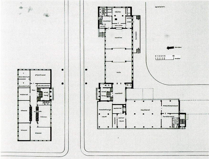 Plano de planta baja del edificio de la Bauhaus en Dessau