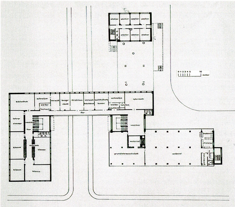 Plano de planta alta del edificio de la Bauhaus en Dessau