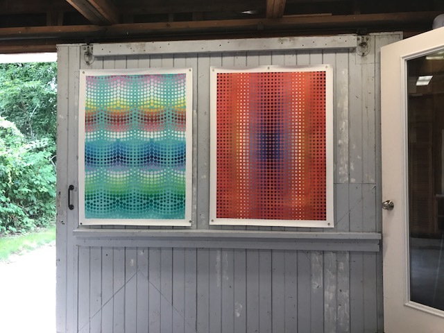 David Rufo's optical oil paintings pop against the gray barn wall