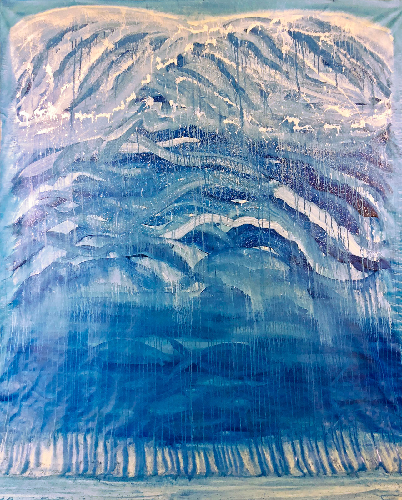 Blue Waves and Fish, 2018, acrylic on canvas, 8 x 6.5 ft, $10,000