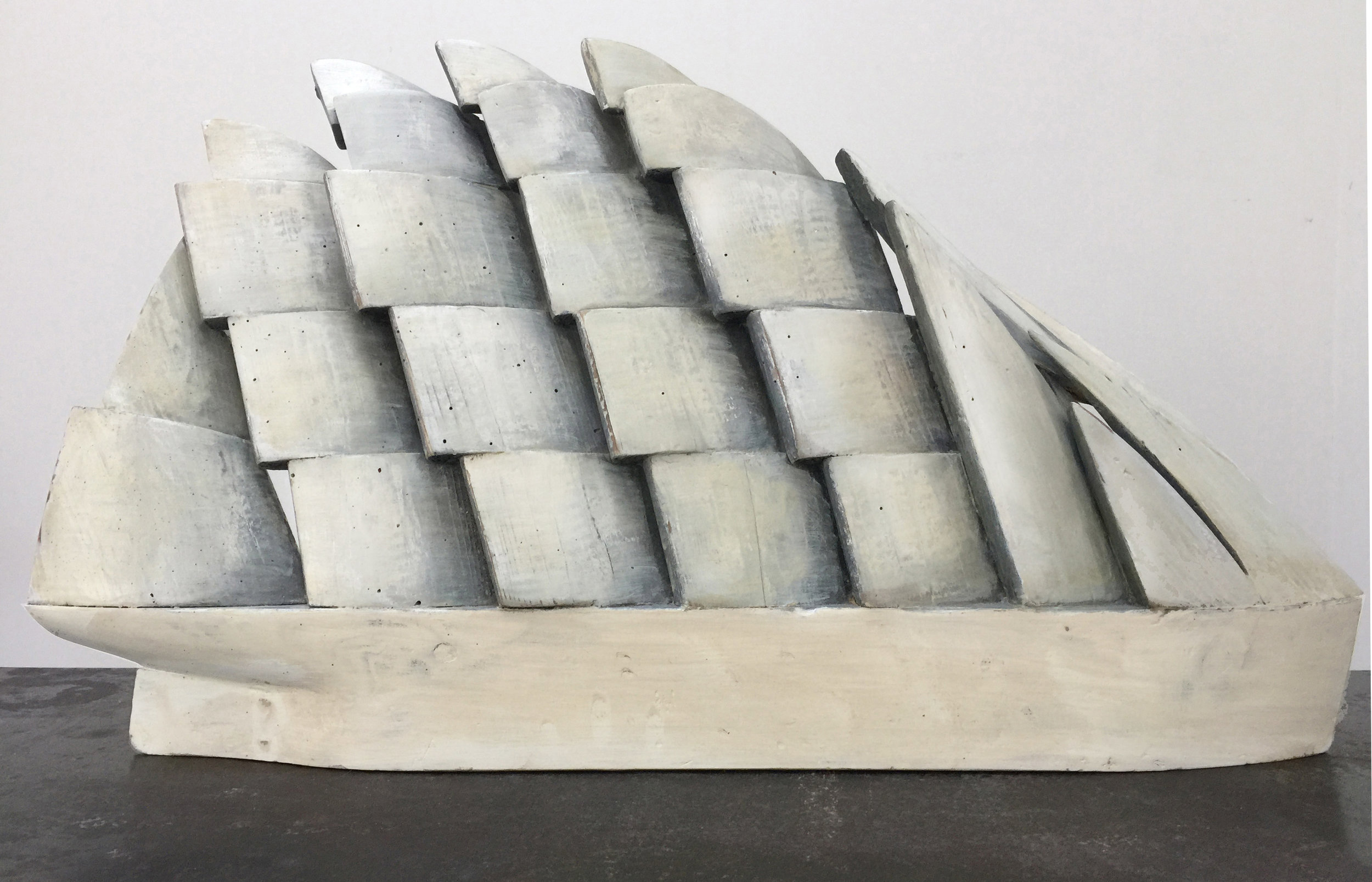 Hull with White Sail Composition, 2014, house paint on reclaimed lumber, 29.5 x 17 x 4 in, $2,800