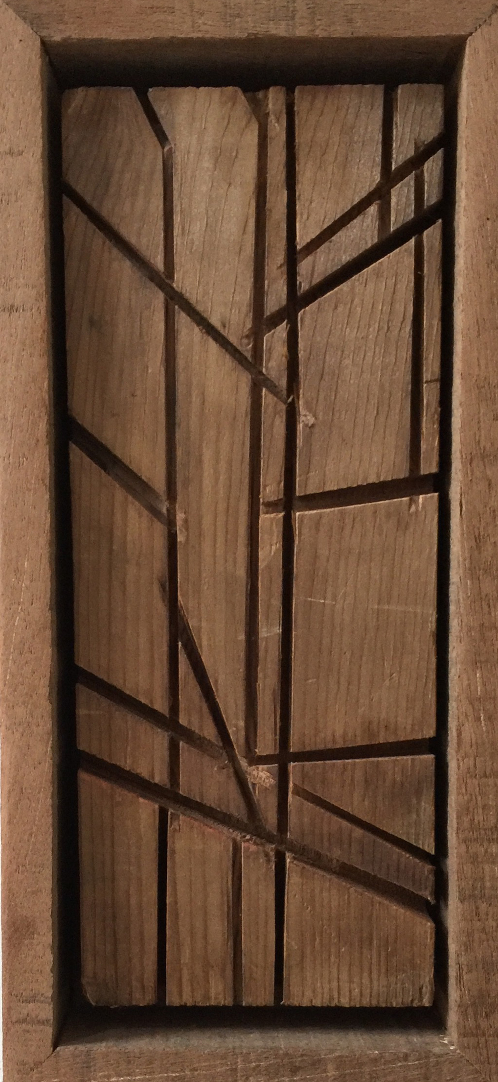 Composition in Cedar, 2016, incised reclaimed lumber, 5 x 11 in, $800