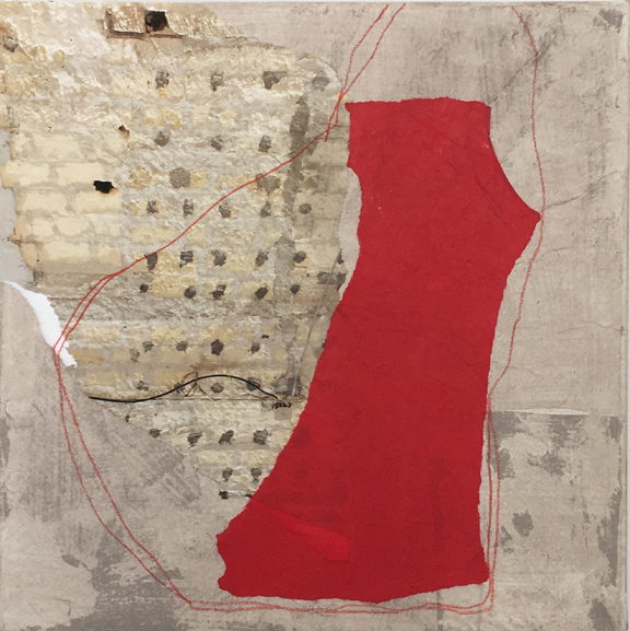 Diane Englander, Red Form and Photo on Taupe, 2018, Mulberry paper, original photo, acrylic and pencil on canvas,  12 x 12 in $650 