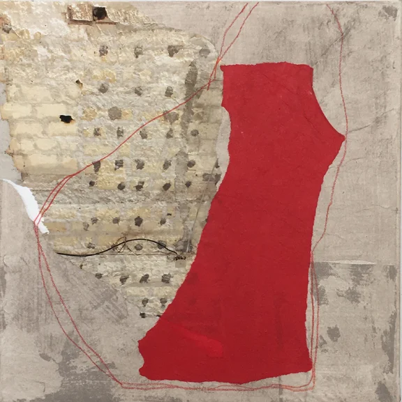 Diane Englander, Red Form and Photo on Taupe, 2018, Mulberry paper, original photo, acrylic and pencil on canvas, 12 x 12 in $650