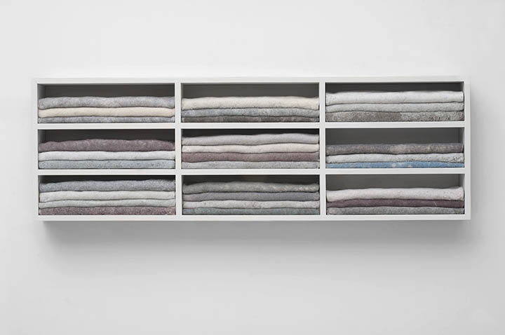 Carolyn Conrad, Lint Cabinet, 2018, dryer lint and wood, 12 x 38 x 4.5 in   $3600