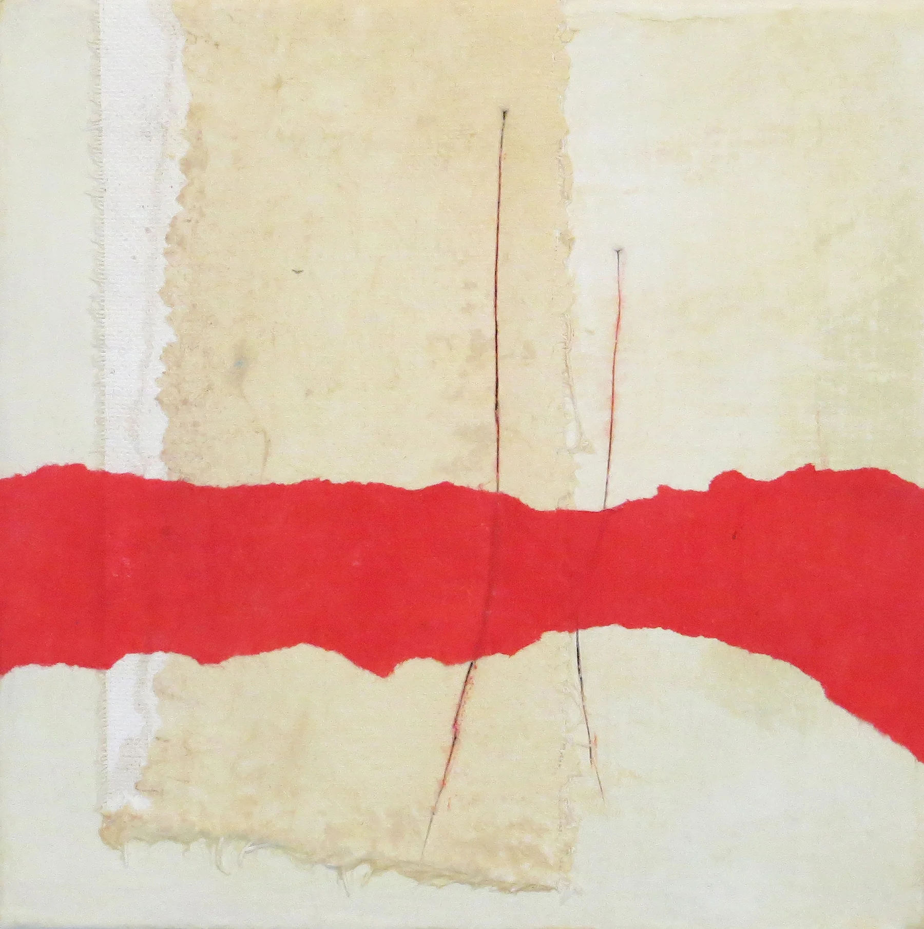 Buffs with Red Band, 2013, fabric, paper, acrylic on canvas, 6 x 6 in, $350