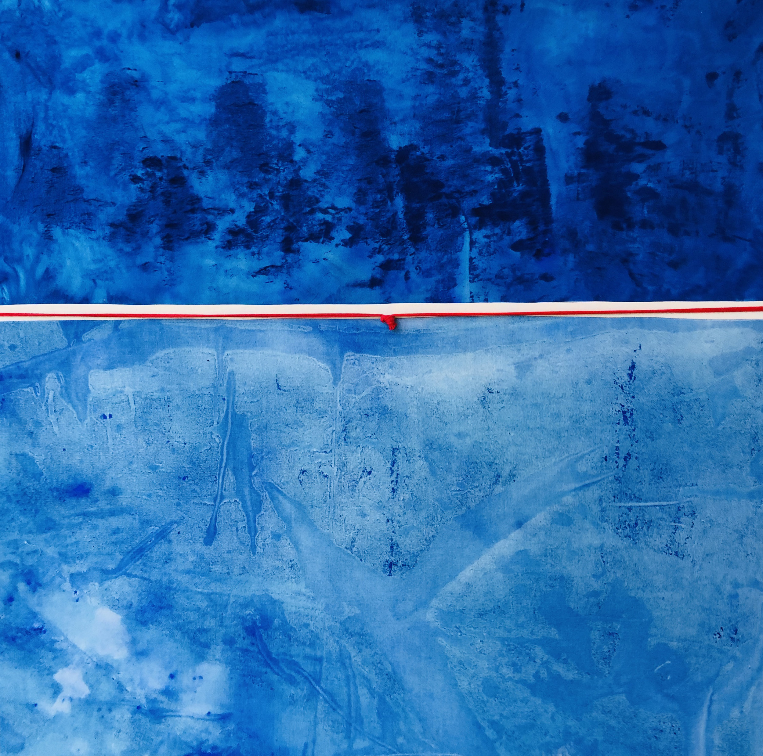 Blue Horizon with Red Thread, 2019, mixed media, 48 x 48 in, $8,000