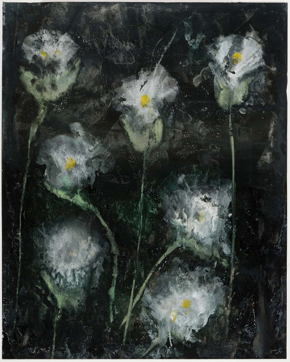 Flower Puffs, 2018, encaustic on paper, 47 x 39 in,  
