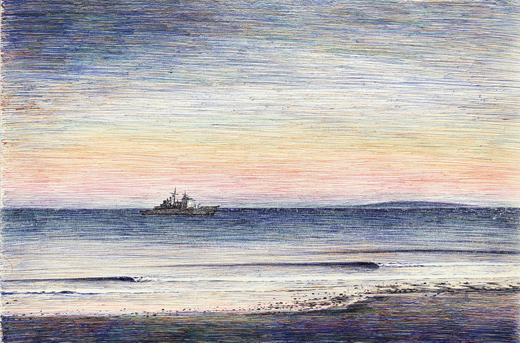 Destroyer at Malibu, 2019, color ballpoint pen on paper, 6 x 9 in, $750