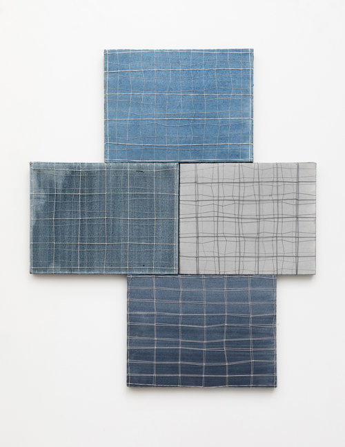 Three Blues and a Grey, 2019, watercolor on paper, string, 27 x 24 in, $3,200