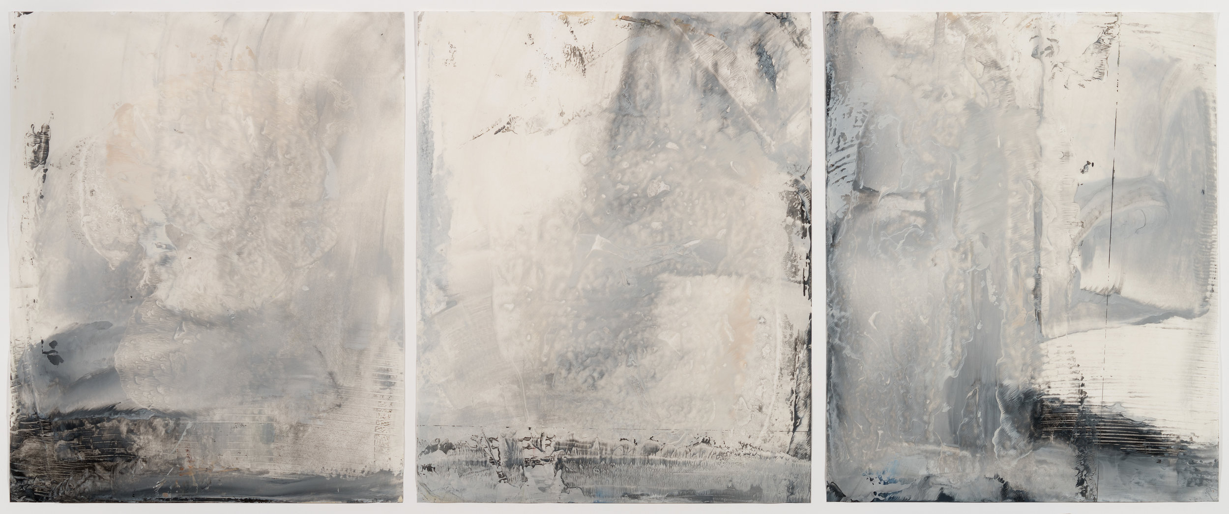 Grey Storm Triptych, encaustic wax on Japanese rice paper, 26 x 55 in, SOLD
